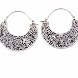 Sterling Silver Novica Garden Of Eden Ornate Crescent Moon Shaped Earrings